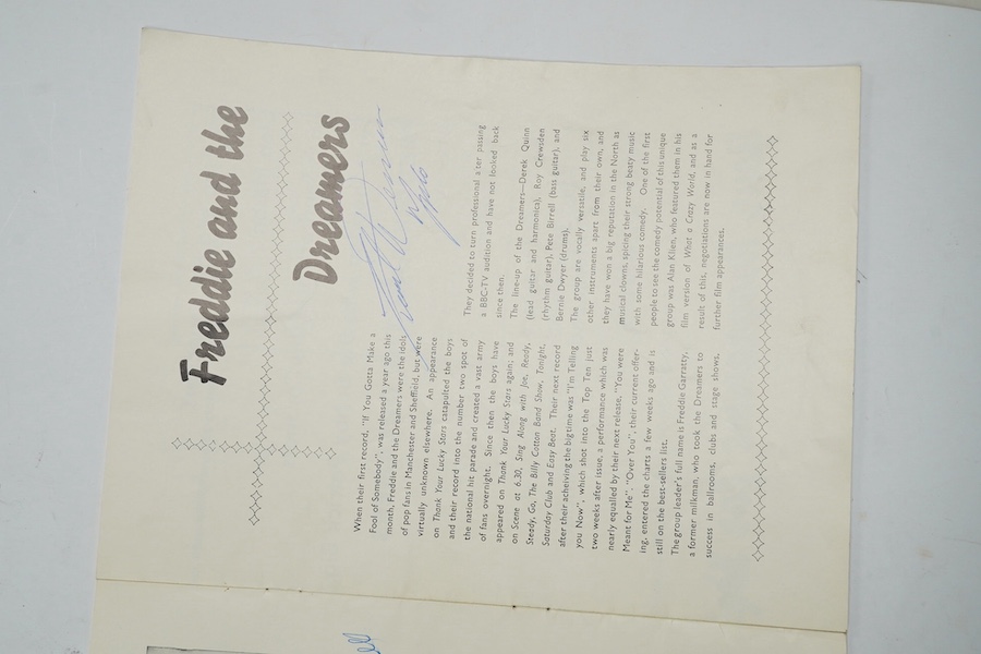 Roy Orbison and Freddie and the Dreamers concert programme including an extensive collection of autographs from members of the bands and support acts involved. Condition fair to good, minor age wear.